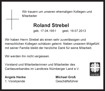 Traueranzeige von Roland Strebel von Pegnitz-Zeitung